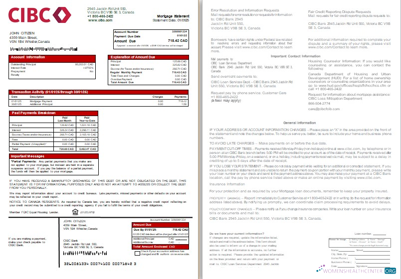 Download Canada CIBC Bank mortgage statement, 2 pages, 1 2 scr Photoshop template